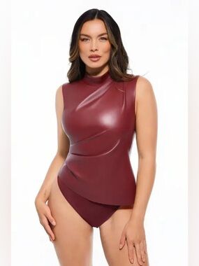 Popilush Sleeveless Mock-Neck Faux Leather Bodysuit in Burgundy